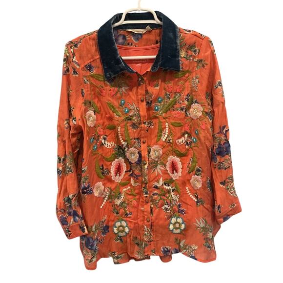 Soft Surroundings Womens Embroidered Tunic Top Sz PL Large Floral Velvet Collar - Picture 3 of 11